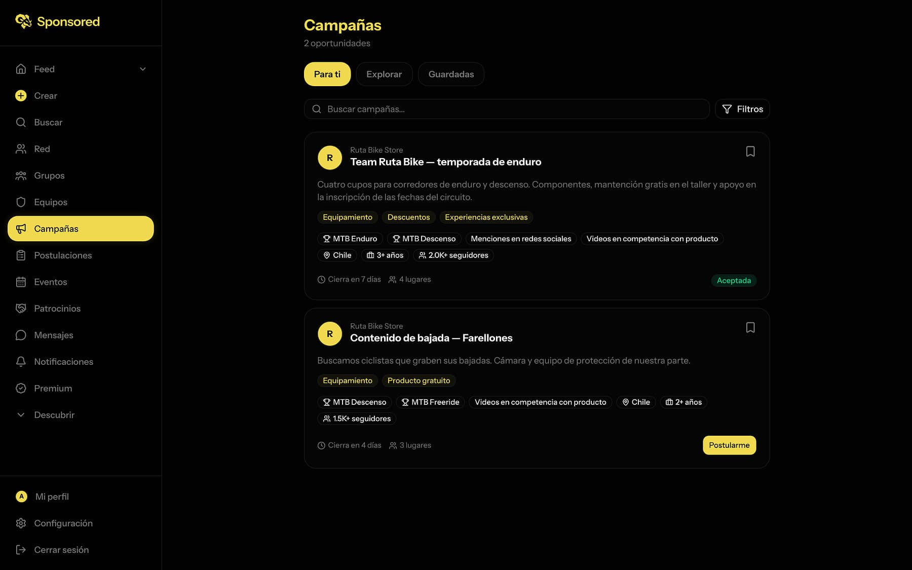 Lista de campañas de patrocinio en Sponsored con lo que ofrece cada marca y sus requisitos